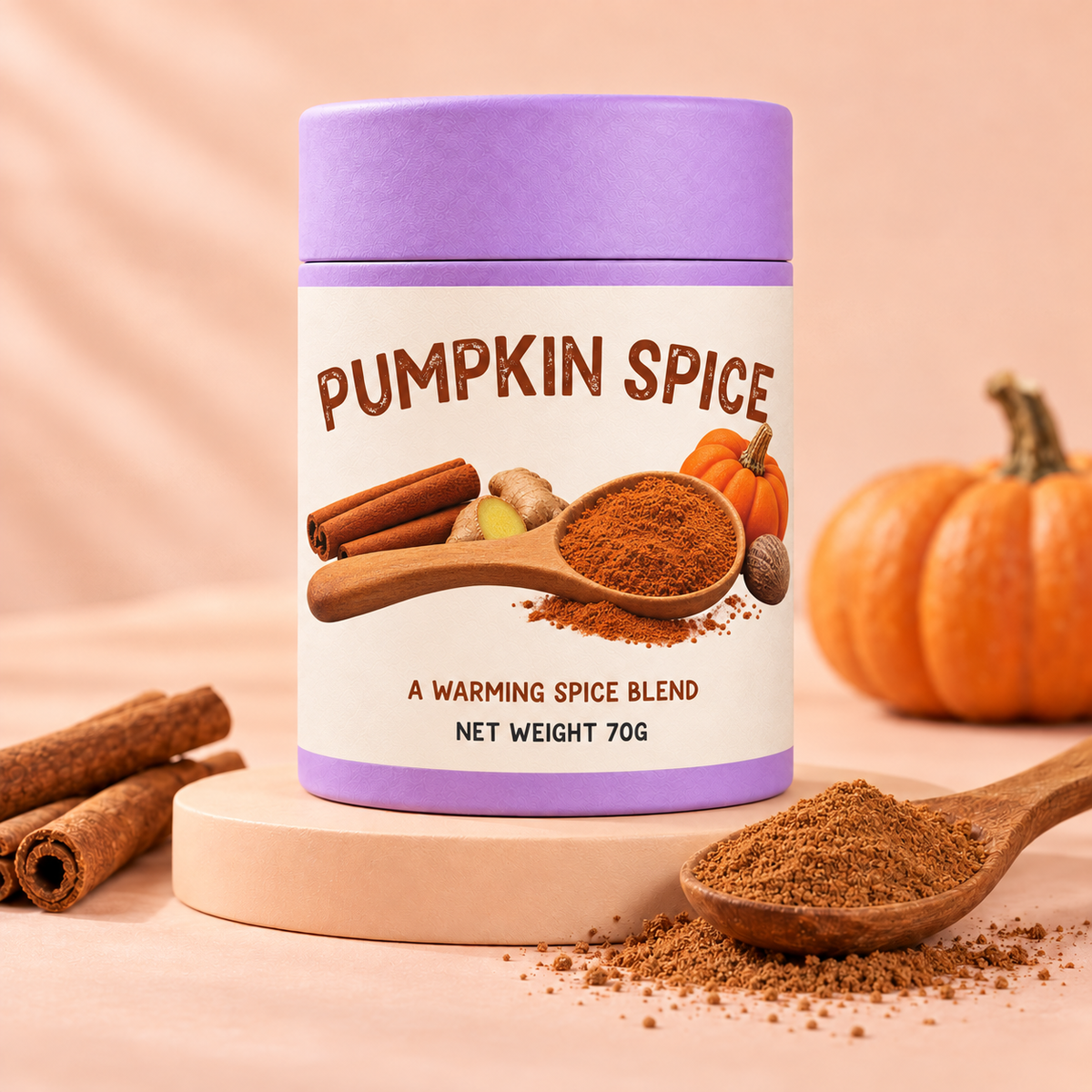 Flavour Bombs Pumpkin Spice Mix tube with cinnamon, spice powder and a pumpkin